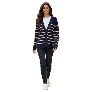 Talbots Navy Tan Striped V Neck Classic Grandma Cozy Cardigan Sweater Size L